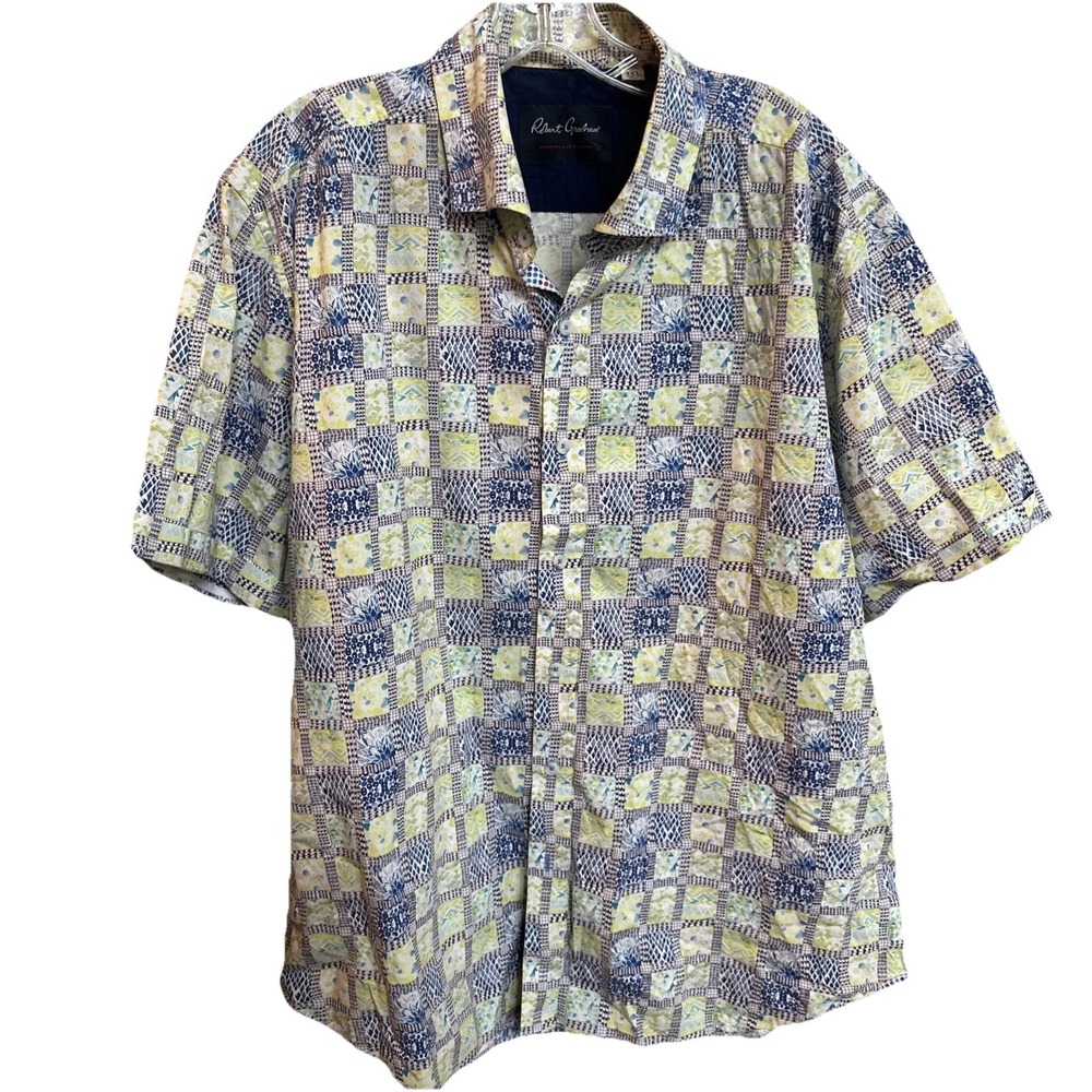 Robert Graham Shirt Button‎ Short Sleeve Colorful Pattern Blue Green Mens 3XL